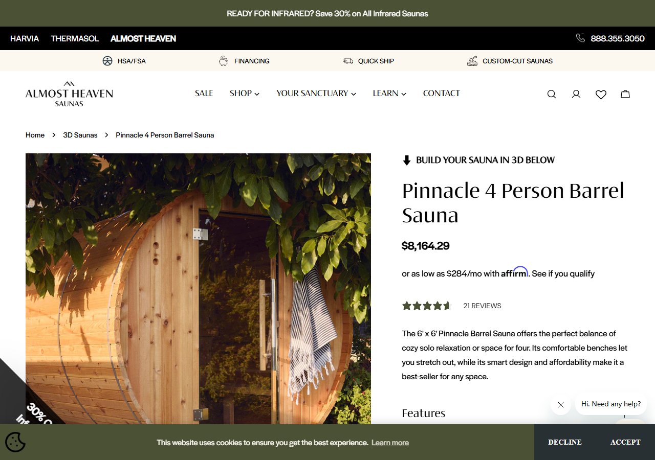 Almost Heaven Pinnacle 4-Person Barrel Sauna